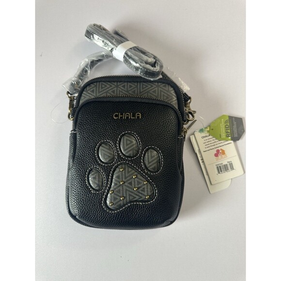 Chala Handbags - Chala Black Vegan Leather Gray Dog Paw Crossbody All Around Zipper Handbag NEW